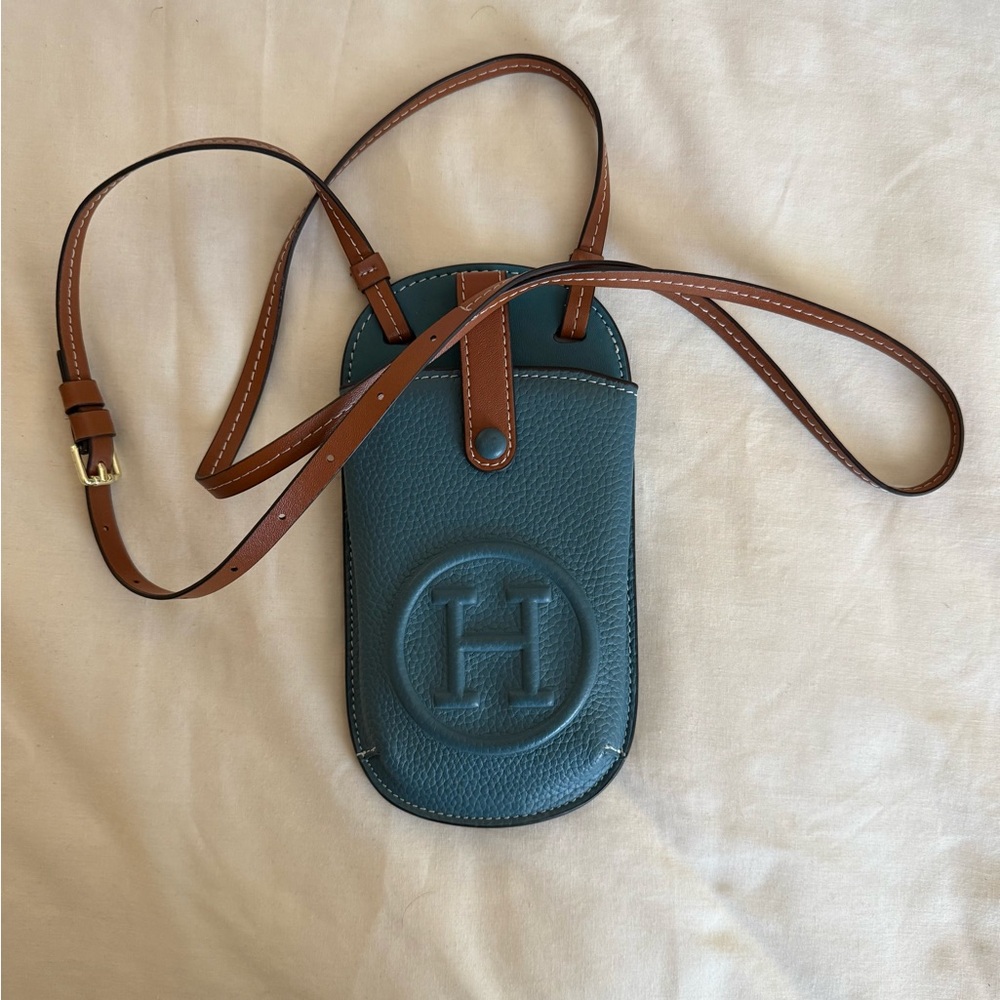 Blue Teal Leather Crossbody Bag with Brown Strap